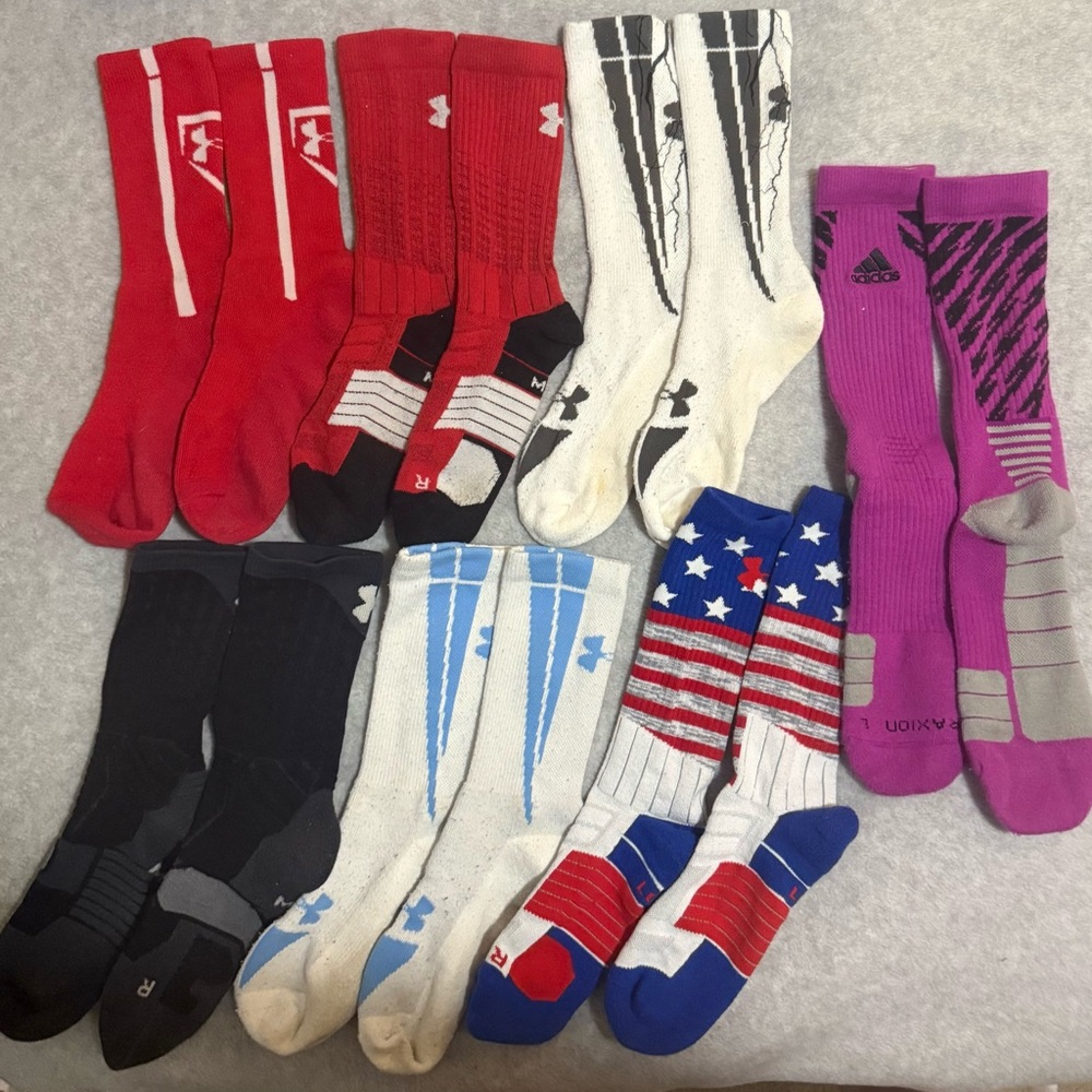 Lot of Under Armour and Adidas athletic socks baseball, basketball, etc.